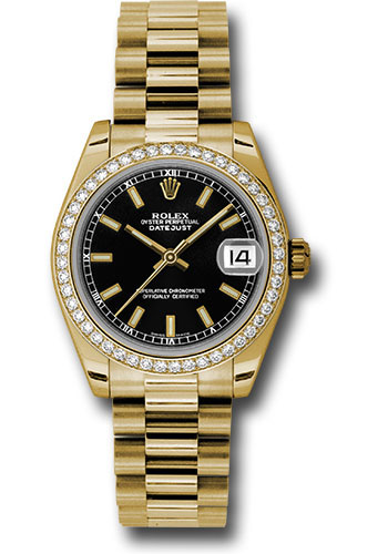 Rolex Watches - Datejust 31mm - Gold President Yellow Gold - Dia Bezel - Style No: 178288 bkip