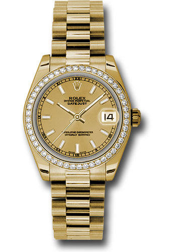 Rolex Watches - Datejust 31mm - Gold President Yellow Gold - Dia Bezel - Style No: 178288 chip