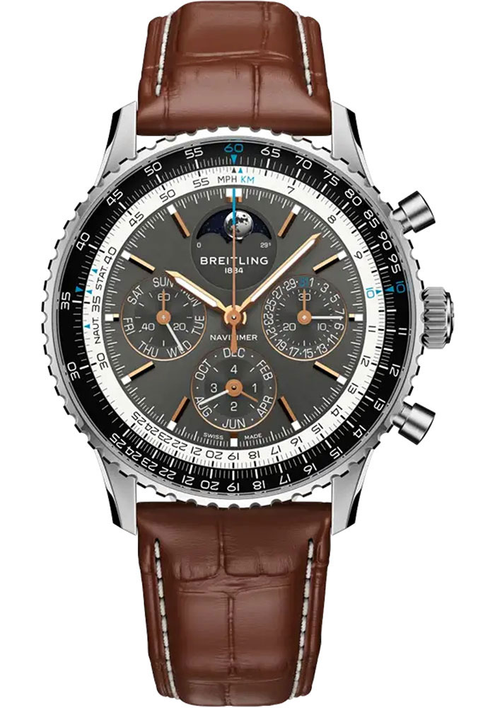 Breitling Watches - Navitimer B19 Chronograph Perpetual Calendar Steel and Platinum - Leather Strap - Folding Buckle - Style No: PB1921251B1P1