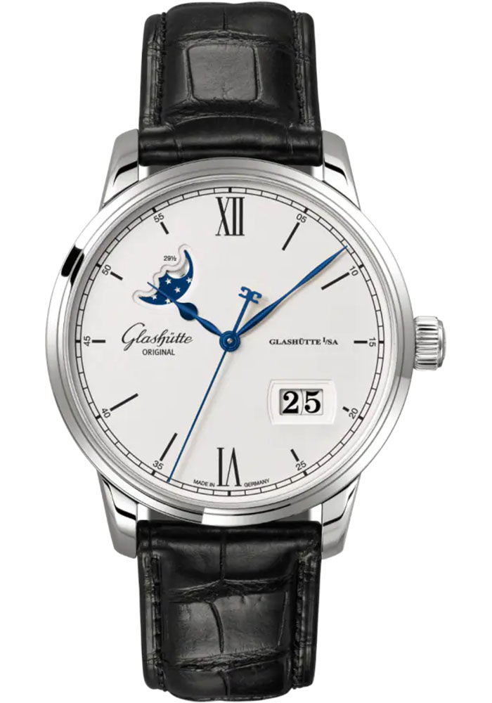 Glashutte Original Watches - Senator Excellence Panorama Date Moon Phase Stainless Steel - Alligator Strap - Style No: 1-36-04-01-02-61