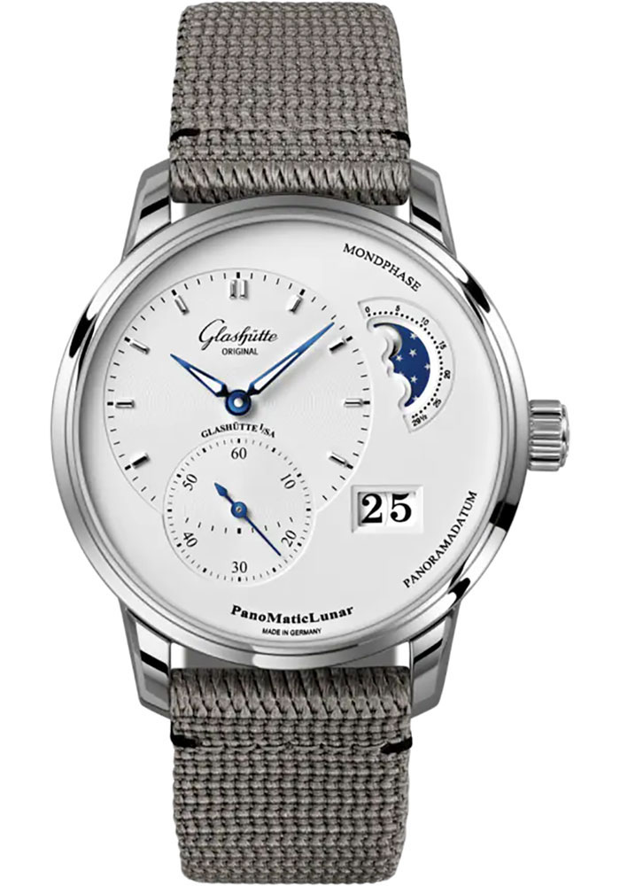 Glashutte Original Watches - PanoMaticLunar Stainless Steel - Synthetic Strap - Folding Buckle - Style No: 1-90-02-42-32-66