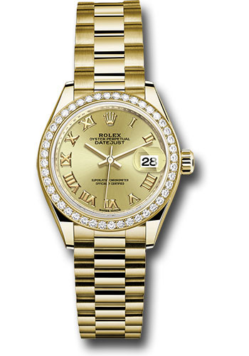 Rolex Watches - Datejust Lady 28 Yellow Gold - Diamond Bezel - President Bracelet - Style No: 279138RBR chrp