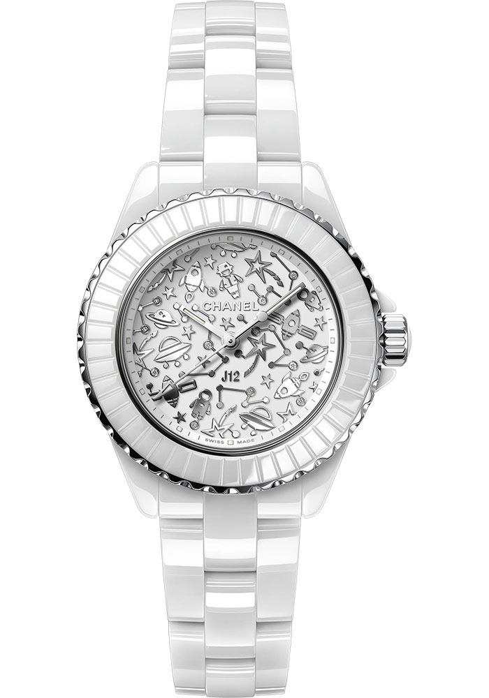 Chanel Stainless Steel Ceramic Diamond 33mm J12 Quartz Watch White