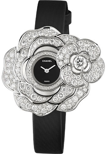 Chanel Camélia Jewelry Quartz Watch - Secret Watch With Camellia Motif -  White Gold Case - Black Satin Strap - J11777
