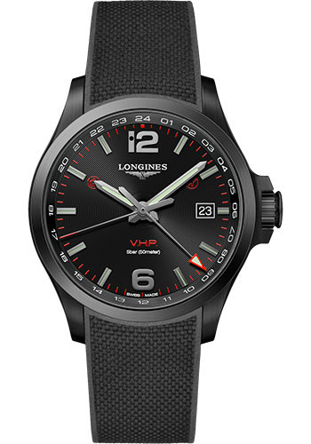 Longines Watches - Conquest V.H.P. GMT 43 mm - Black PVD - Rubber Strap - Style No: L3.728.2.56.9