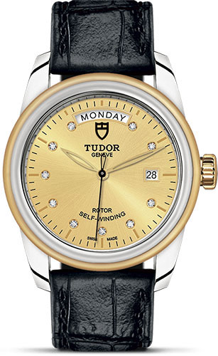 Tudor Watches - Glamour Date and Day 39 mm - Steel and Gold - Leather Strap - Style No: M56003-0035